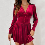 Women Dress Fall/Winter Sexy V-neck Long Sleeve Velvet Party Dress