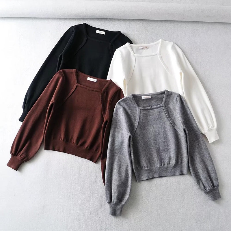 Women Sweater Knitwear Lantern Sleeve Design Solid Color Hoodie