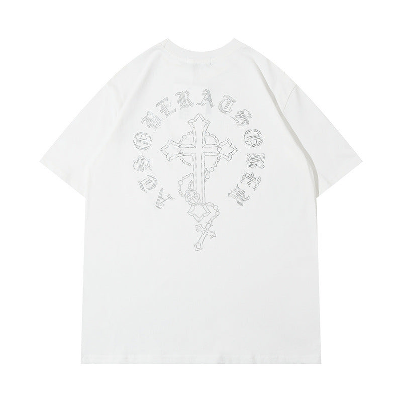 Men T Shirt Cross Letter Stick-on Crystals Couple Short Sleeve T-shirt