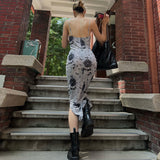 Women Dresse Vintage Ink Print Dress Sexy Slim-Fit Suspender Dress