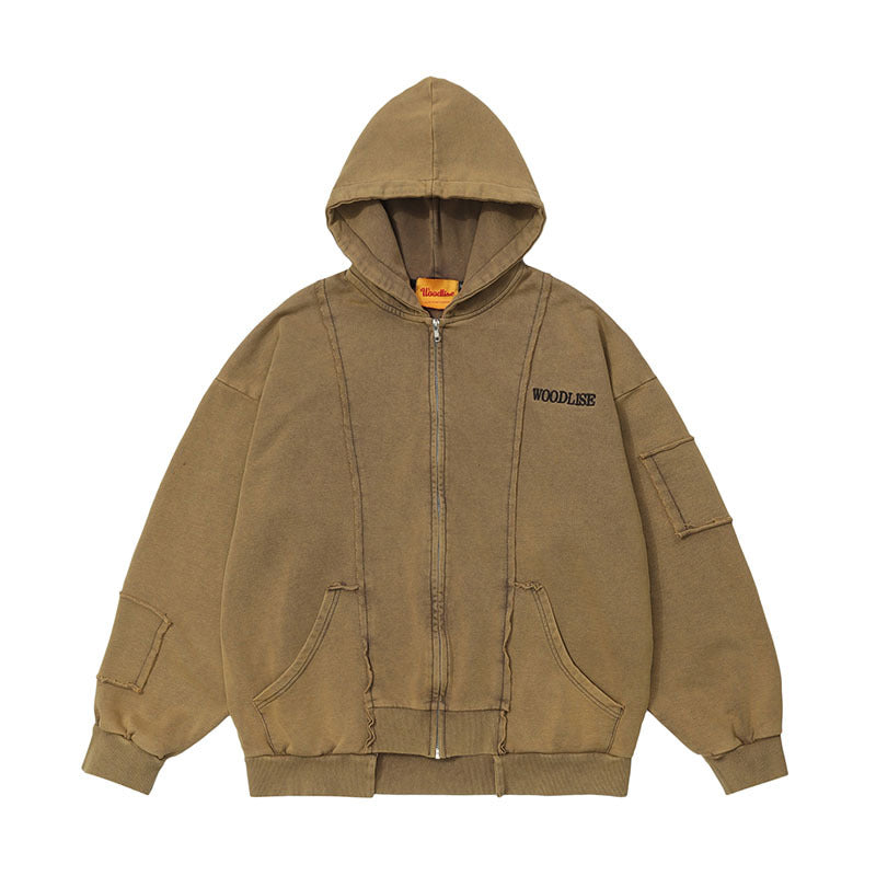 Men Hoodie Washed Distressed Hooded Sweater Men and Women Hip Hop Retro Couple Zipper Jacket