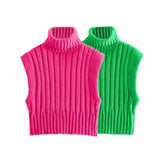 Women Sweater Knitwear Autumn Turtleneck Slim Fit Short Sleeveless Threaded Vest
