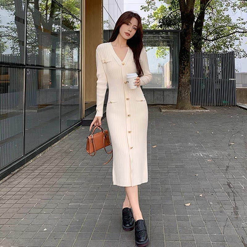 Women Maxi Dress Autumn V-neck Single-Breasted Long Sleeve Hip Knitwear Dress