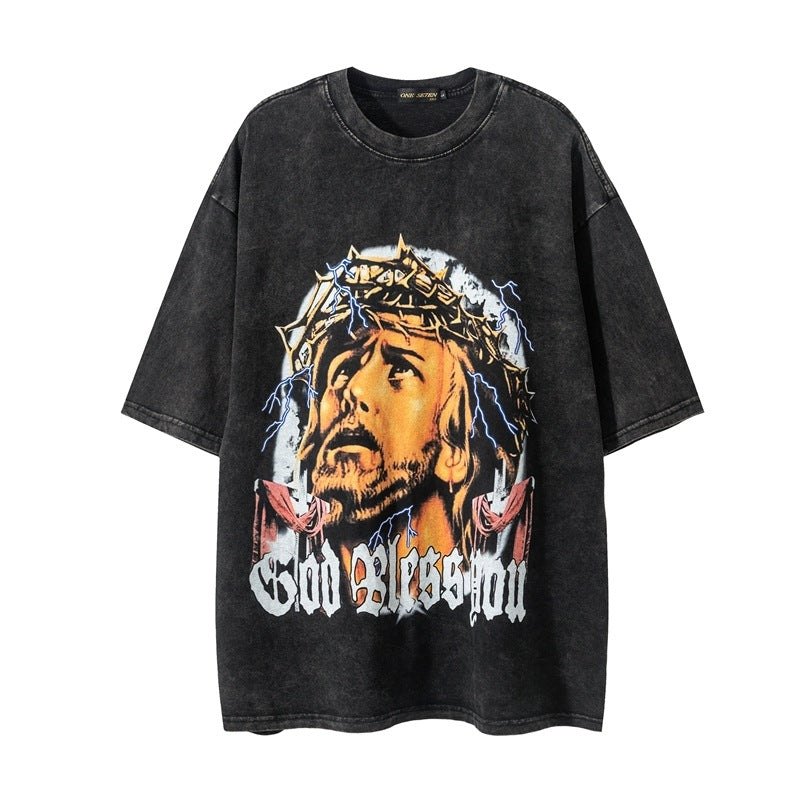 Men T Shirt Vintage Angel Print Wash Short Sleeve T-shirt