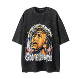 Men T Shirt Vintage Angel Print Wash Short Sleeve T-shirt