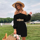 Women Dress Spring/Summer Loose Casual Short Skirt off-Shoulder Braces Long Sleeve Dress