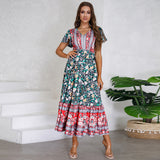 Women Date Dress Summer V-neck Ruffle Vintage Floral Beach Dress