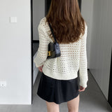 Women Cardigan Sweater Hollow out Sweater Cardigan Polo Collar Top Coat X3009