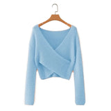 Women Sweater Knitwear Retro Cross V-neck Sweater Long Sleeve Sweater