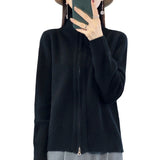 Women Knitted Cardigan Lapel Double Zipper Long Sleeve Women's Autumn and Winter Loose Knitted Coat