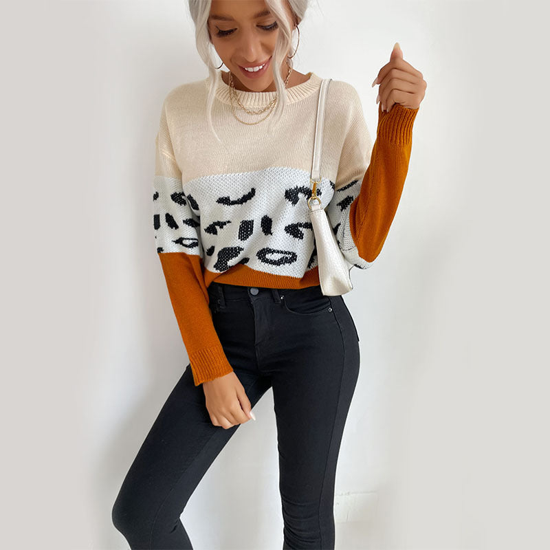 Women Knitted Sweater Autumn Leisure Color Matching Long Sleeve Bottoming Sweater