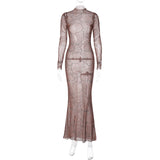 Women Dresses Winter Mesh Slim Fit round-Neck Long-Sleeved Dress
