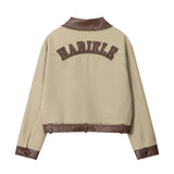 Women Jacket PU Leather Stitching Contrast Color Lapels Jacket