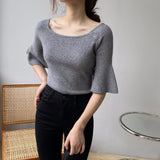 Women Knitted T-shirt Bell Sleeve Solid Color T-shirt Summer round Neck Top
