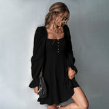 Women Dress Puff Sleeve Square Collar Long Sleeve Dress