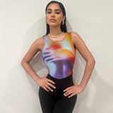 Women Jumpsuit Summer Mesh Printed Slim round Neck Sleeveless Leotard