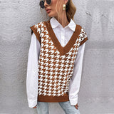 Women Knitted Sweater Autumn Loose Houndstooth V-neck Knitted Vest Women