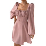 Women Dress Autumn and Winter Puff Sleeve Square Collar Dress