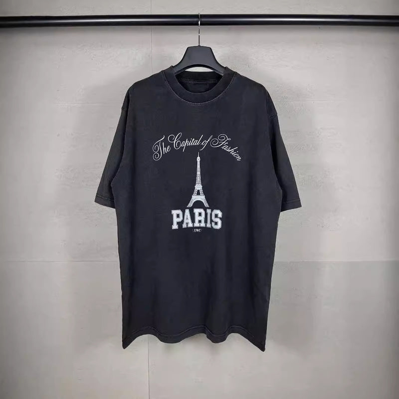 Men T-shirts Summer Eiffel Tower Art Print Washed Old Loose Short Sleeves