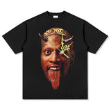 Dennis Rodman Graphic Tee Printed Short Sleeve T-Shirt Cotton Washed Loose Crew Neck Hooded Sweater