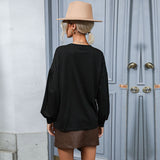 Women Knitted Sweater Autumn Winter Retro Top Bead Long Sleeve Black Sweater