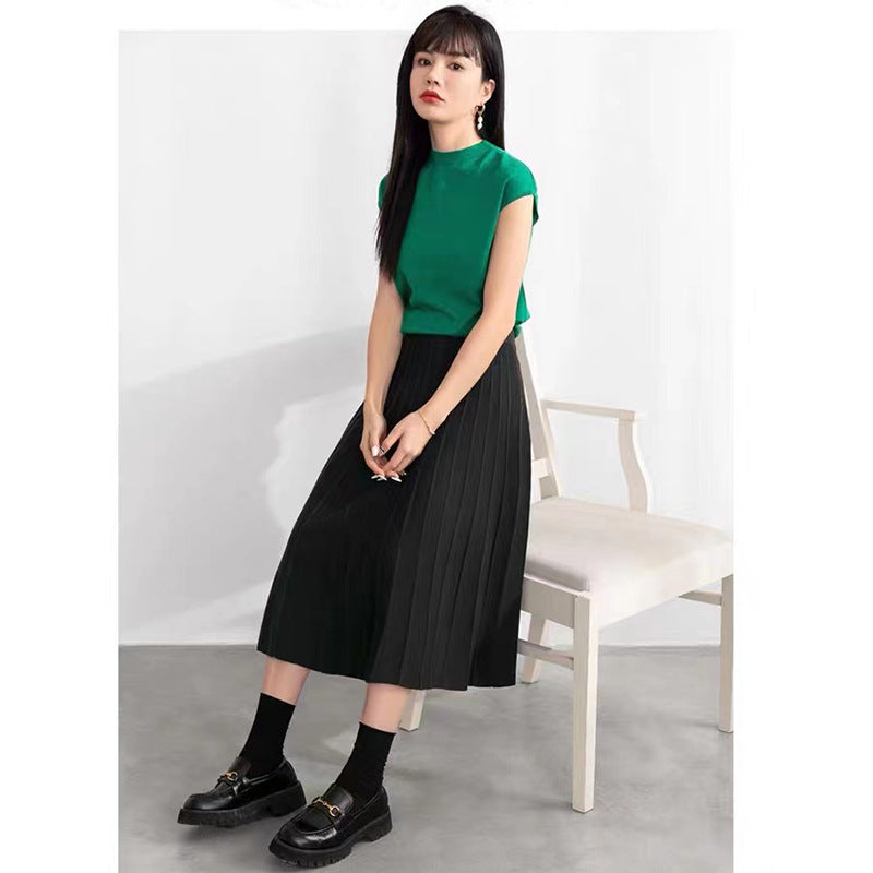 Women Knitted Skirt Pleated Skirt Women's Autumn and Winter High Waist A- line Skirt Retro Long Skirt