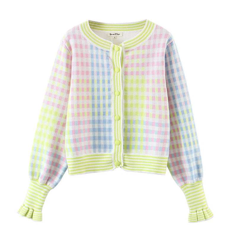 Women Sweater Knit Wear Autumn round Neck Long-Sleeved Green Plaid Single-Breasted Knitted Cardigan