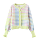 Women Sweater Knit Wear Autumn round Neck Long-Sleeved Green Plaid Single-Breasted Knitted Cardigan