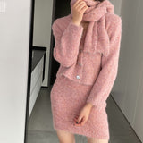 Women Knitted Two-Piece Set Cardigan Skirt Scarf Three-Piece Set Button Knitted Sweater Casual Suit 1t8852