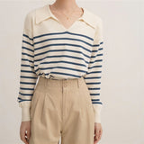 Women Knitwear Autumn and Winter Polo Collar Striped Sweater Sweater