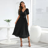 Women Date Dress Summer V-neck Puff Sleeve Lace-up Pleated Dress