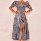 Robe Bridgerton Summer Square Collar Puff Sleeve Long Floral Dress