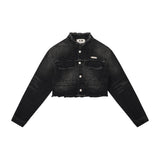 Women Jacket Short Frayed Hem Denim Jacket