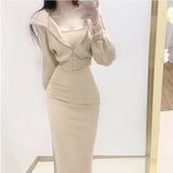 Women Dresses Square Collar Long Sleeve Dress Split Sexy Hip Skirt