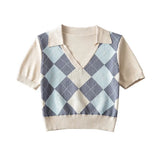Women Sweater Knitwear Vintage Polo Shirt Short Sleeve Women's Summer Rhombus Contrast Color Knitwear Short T-shirt