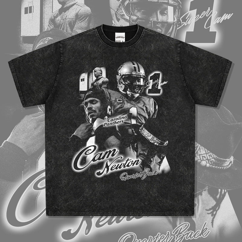 Mens Vintage baseball T-Shirt CamNewton rugby vintage print short sleeve loose t-shirt