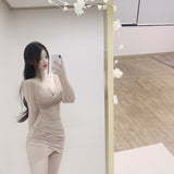 Women Dresses Collar Lace Puff Sleeve Dress Long Sleeve Sexy Pleated Hip Skirt