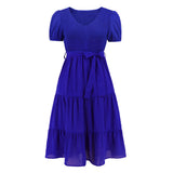 Women Date Dress V-neck Pleated Lace-up Dress