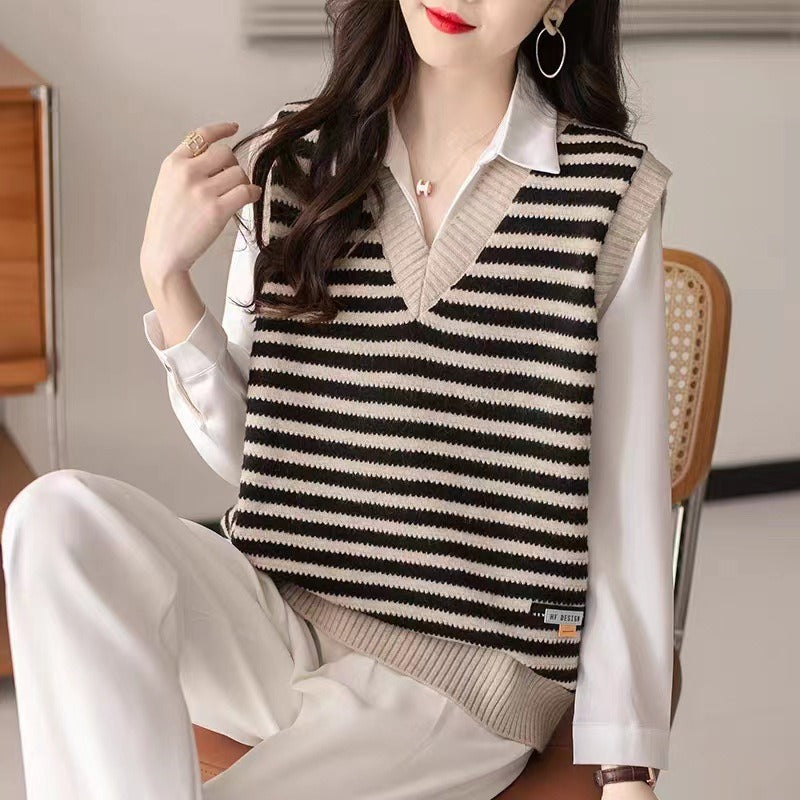 Women Knitted Pullover Autumn and Winter Knitting Female Striped V-neck Loose-Fitting Waistcoat