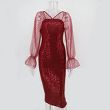 Women's Evening Gown Sexy Retro Mesh Long Sleeve Stitching Sequins Dress