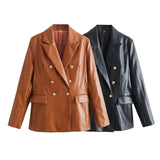 Women Leather Jacket Autumn Suit Metal Double Breasted Pocket Long Sleeve Pu Jacket