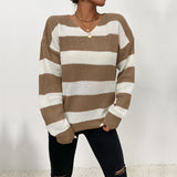 Women Knitted Sweater Autumn and Winter Leisure Top Thin Long Sleeve Striped Sweater
