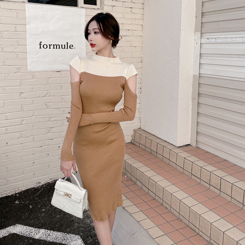 Women Maxi Dress Autumn and Winter Knitting Split Stand Collar Sexy Dress