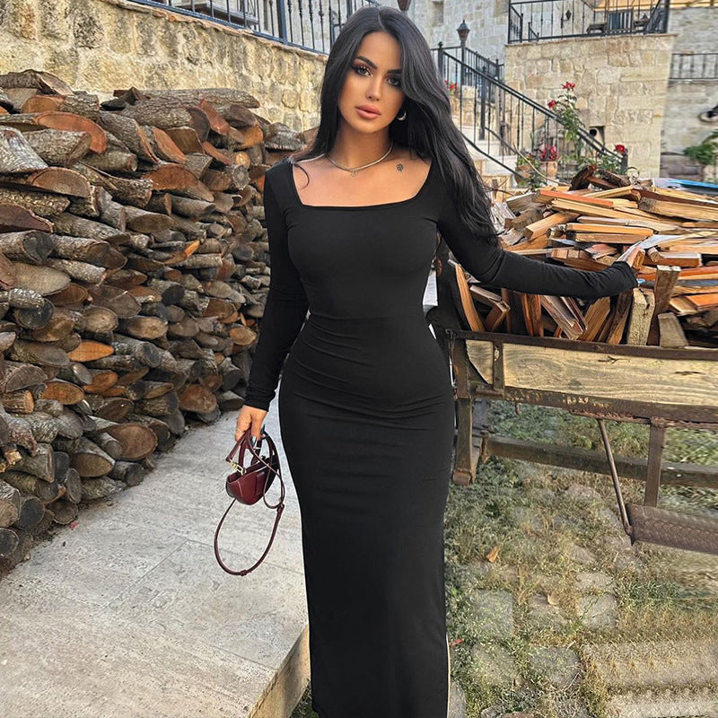 Women Dresses Winter Slim Fit Backless Lace-up U-Neck Long-Sleeved Dress