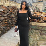 Women Dresses Winter Slim Fit Backless Lace-up U-Neck Long-Sleeved Dress