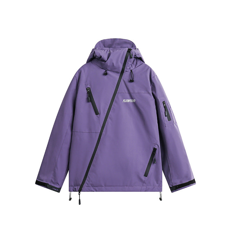 Unisex Winter Cotton Coat Pocket Decorative Hooded down Jacket Vintage Oblique Zipper down Jacket