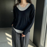 Women Knitted Two-Piece Set Spring Loose Sweater round Neck Vest Blouse Ab29