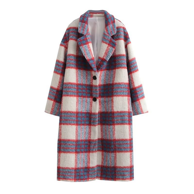 Women Woolen Coat Autumn and Winter Plaid Button Mid-Length Woolen Coat Outerwear