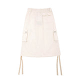 Women Long Skirt Ribbon Drawstring Suit Skirt Multi-Pocket Mid-Length A- line Skirt