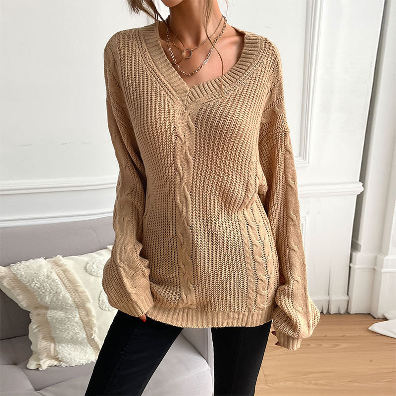 Women Knitted Sweater Autumn and Winter Long Sleeve Solid Color Loose Sweater